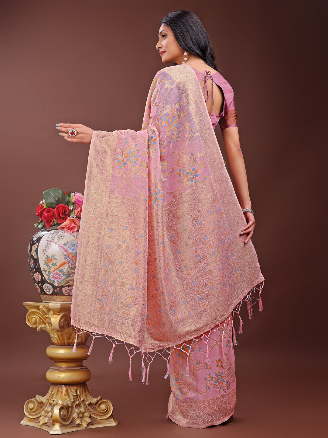 Astita Elegant Light Pink Linen Cotton Saree with Floral Weave & Soft Gold Pallu – Graceful Choice for Casual, Office & Festive Looks