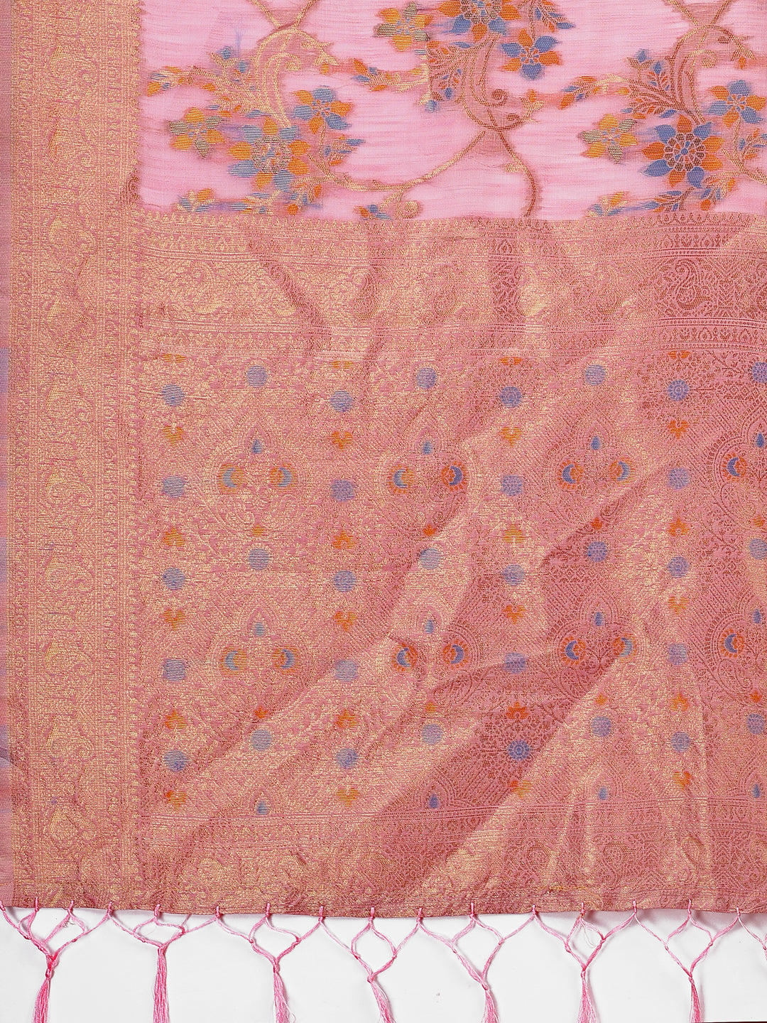 Astita Elegant Light Pink Linen Cotton Saree with Floral Weave & Soft Gold Pallu – Graceful Choice for Casual, Office & Festive Looks