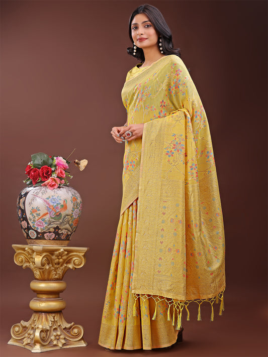 Astita Elegant Yellow Linen Cotton Saree with Floral Weave & Soft Gold Pallu – Graceful Choice for Casual, Office & Festive Looks