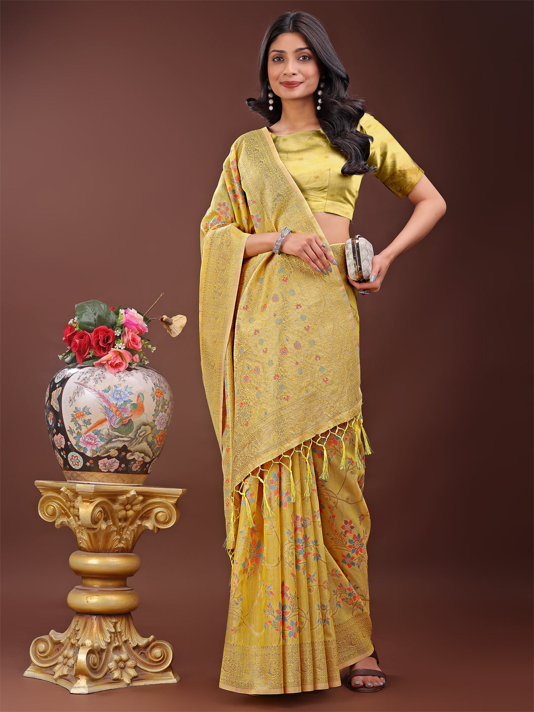Astita Elegant Yellow Linen Cotton Saree with Floral Weave & Soft Gold Pallu – Graceful Choice for Casual, Office & Festive Looks