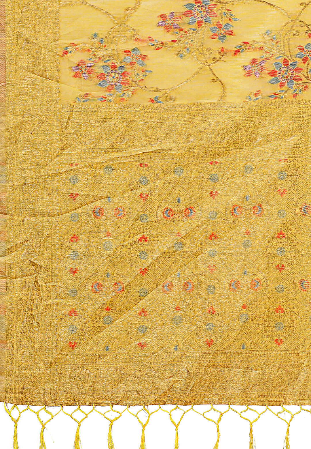 Astita Elegant Yellow Linen Cotton Saree with Floral Weave & Soft Gold Pallu – Graceful Choice for Casual, Office & Festive Looks