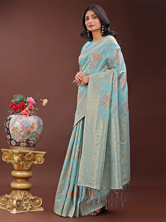 Astita Elegant Light Blue Linen Cotton Saree with Floral Weave & Soft Gold Pallu – Graceful Choice for Casual, Office & Festive Looks