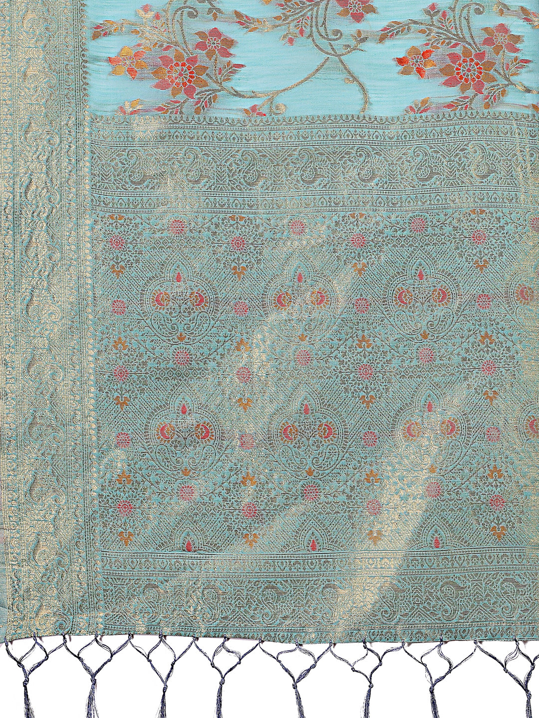 Astita Elegant Light Blue Linen Cotton Saree with Floral Weave & Soft Gold Pallu – Graceful Choice for Casual, Office & Festive Looks