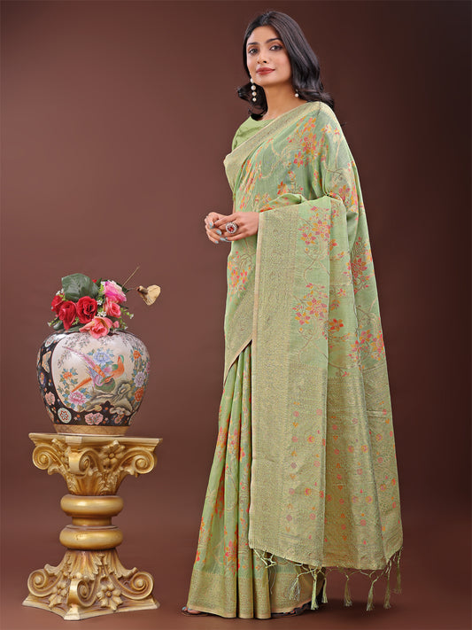 Astita Elegant Light Green Linen Cotton Saree with Floral Weave & Soft Gold Pallu – Graceful Choice for Casual, Office & Festive Looks