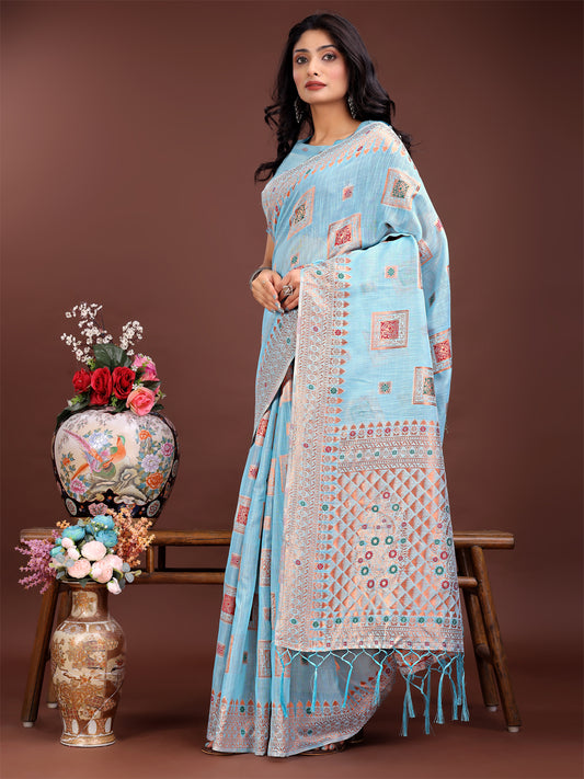Astita Elegant Sky Blue Linen Saree with Intricate Woven Patterns – Lightweight Grace for Everyday and Festive Moments