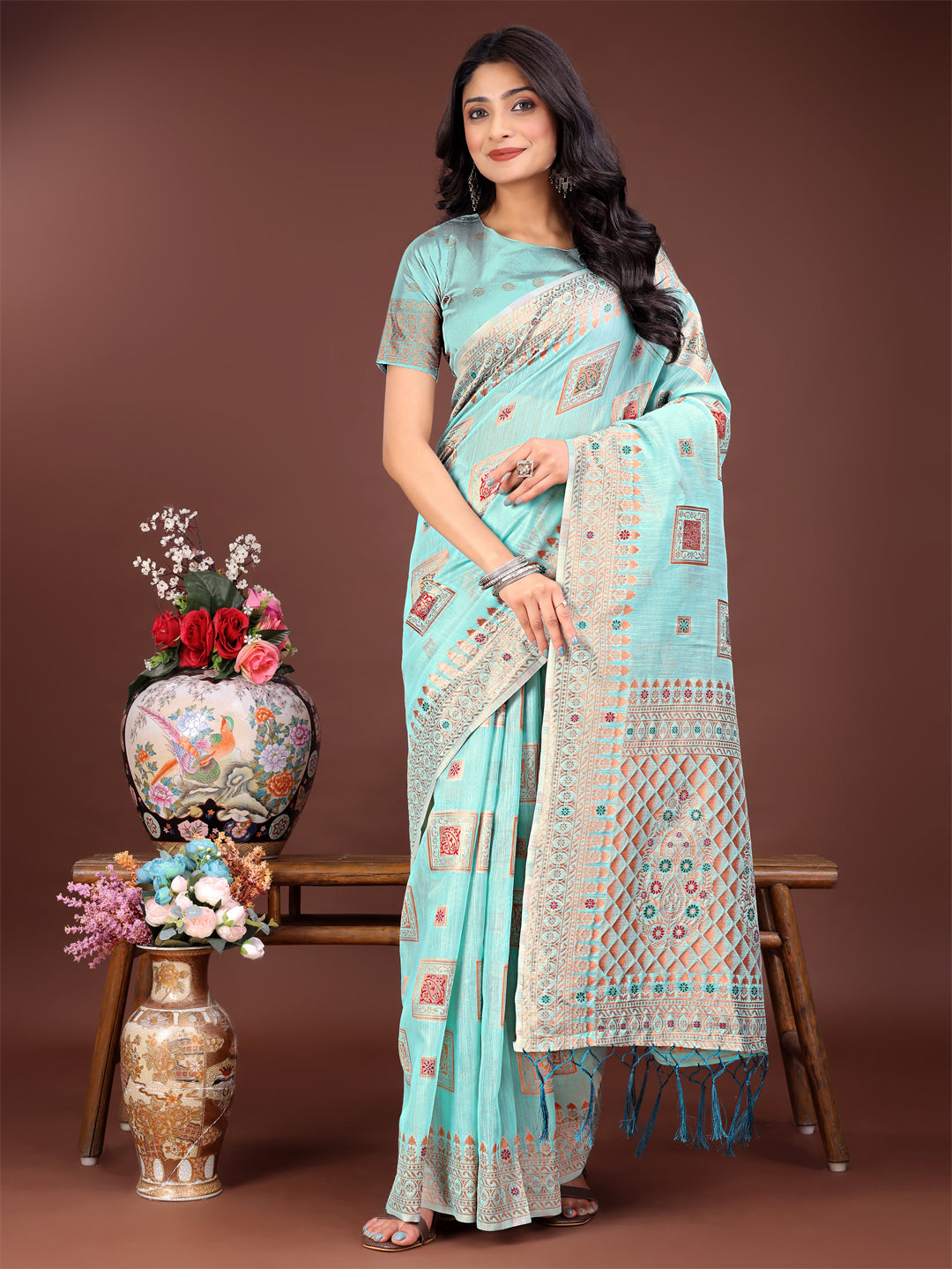 Astita Elegant Sea Green Linen Saree with Intricate Woven Patterns – Lightweight Grace for Everyday and Festive Moments