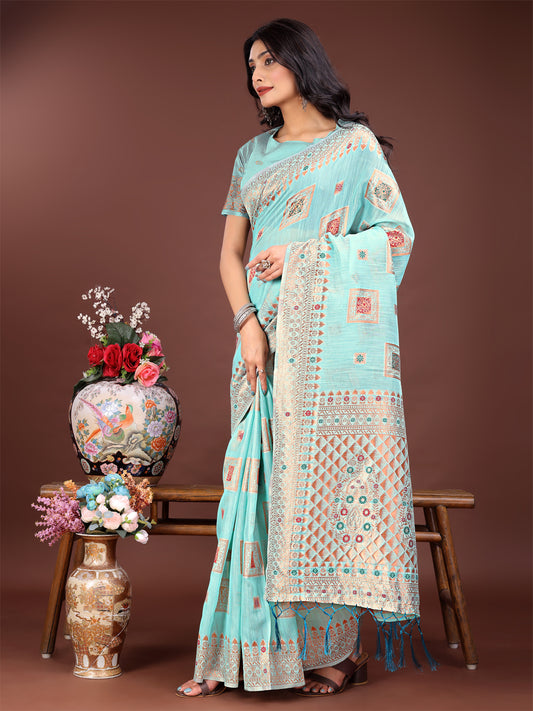 Astita Elegant Sea Green Linen Saree with Intricate Woven Patterns – Lightweight Grace for Everyday and Festive Moments