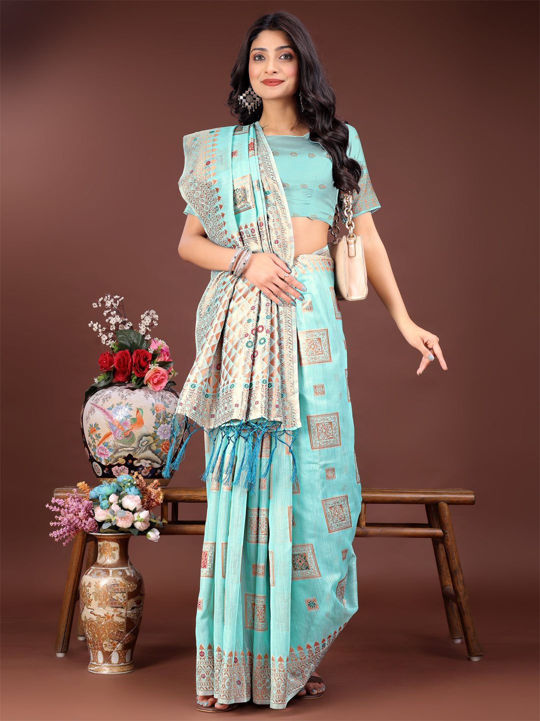 Astita Elegant Sea Green Linen Saree with Intricate Woven Patterns – Lightweight Grace for Everyday and Festive Moments