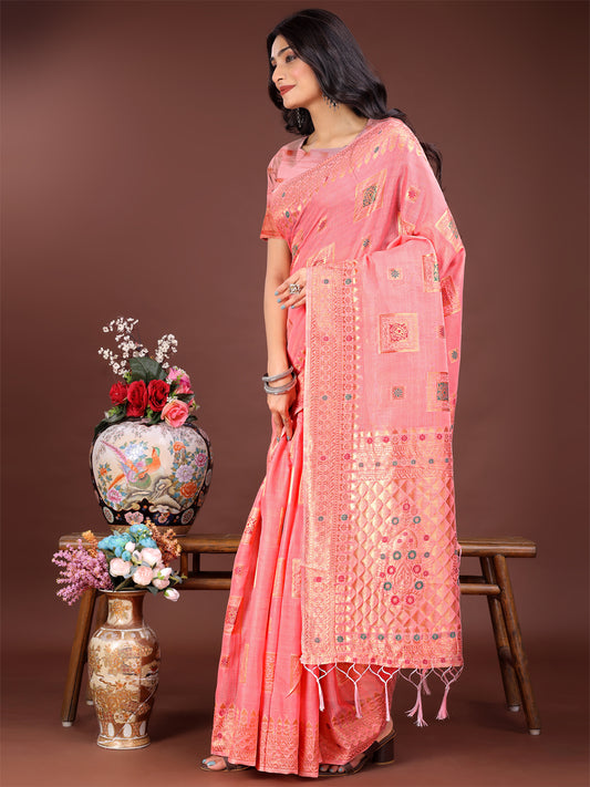 Astita Elegant Peach Linen Saree with Intricate Woven Patterns – Lightweight Grace for Everyday and Festive Moments