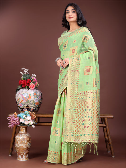 Astita Elegant Light Green Linen Saree with Intricate Woven Patterns – Lightweight Grace for Everyday and Festive Moments