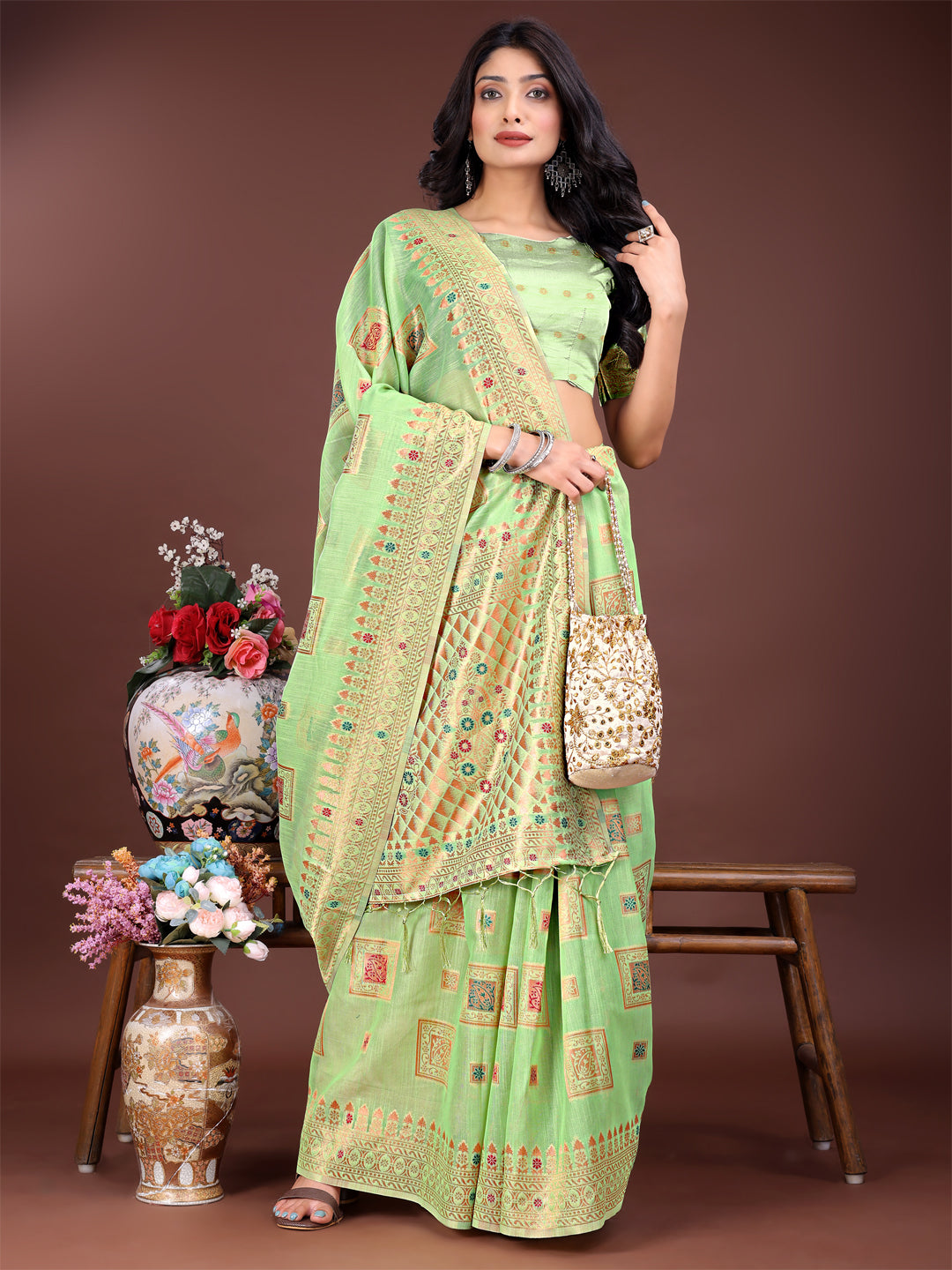 Astita Elegant Light Green Linen Saree with Intricate Woven Patterns – Lightweight Grace for Everyday and Festive Moments
