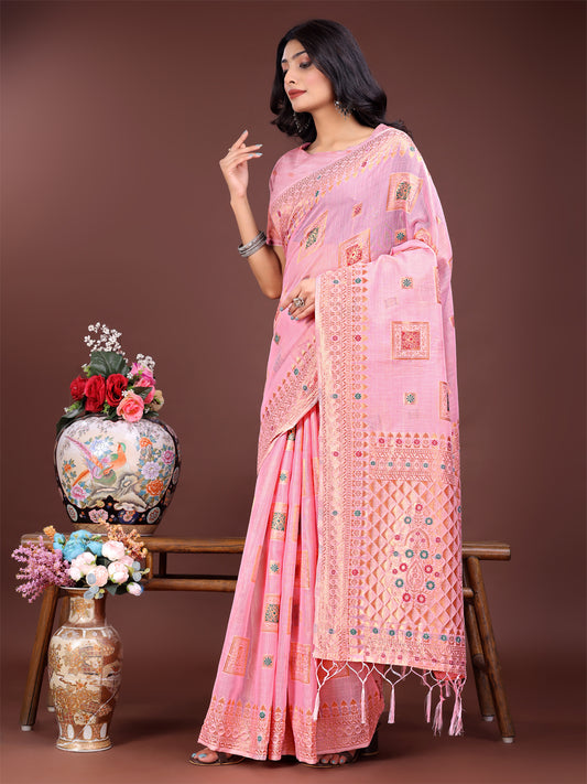 Astita Elegant Light Pink Linen Saree with Intricate Woven Patterns – Lightweight Grace for Everyday and Festive Moments