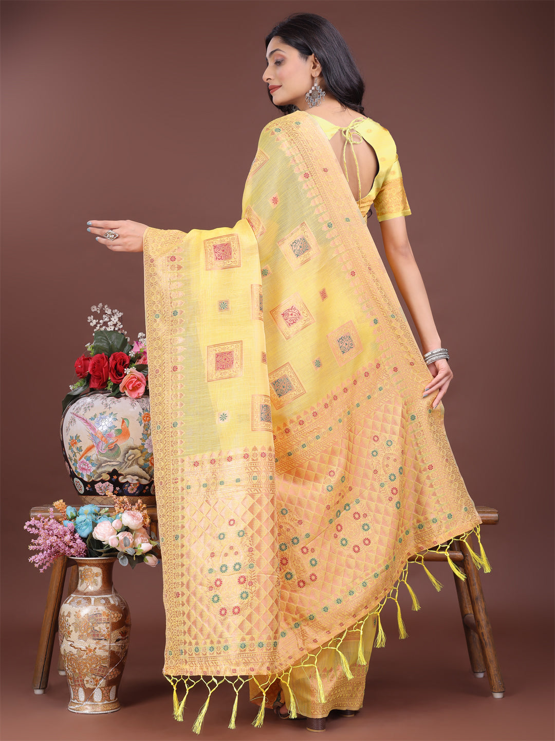 Astita Elegant Yellow Linen Saree with Intricate Woven Patterns – Lightweight Grace for Everyday and Festive Moments