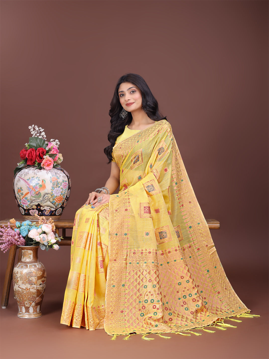 Astita Elegant Yellow Linen Saree with Intricate Woven Patterns – Lightweight Grace for Everyday and Festive Moments