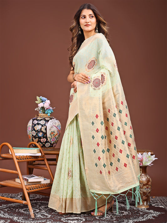 Astita Elegance Draped in Threads: Mint Green Linen Cotton Saree Woven with Serene Charm
