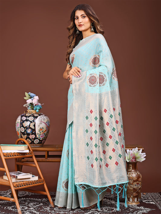 Astita Elegance Draped in Threads: Sky Blue Linen Cotton Saree Woven with Serene Charm