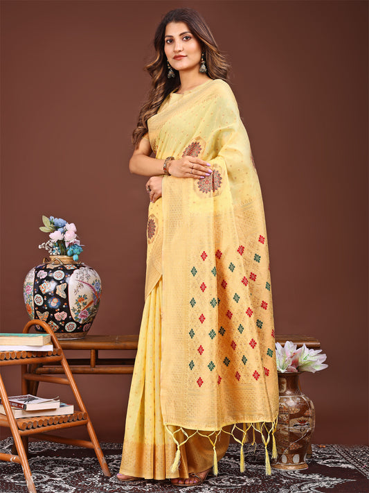 Astita Elegance Draped in Threads: Yellow Linen Cotton Saree Woven with Serene Charm