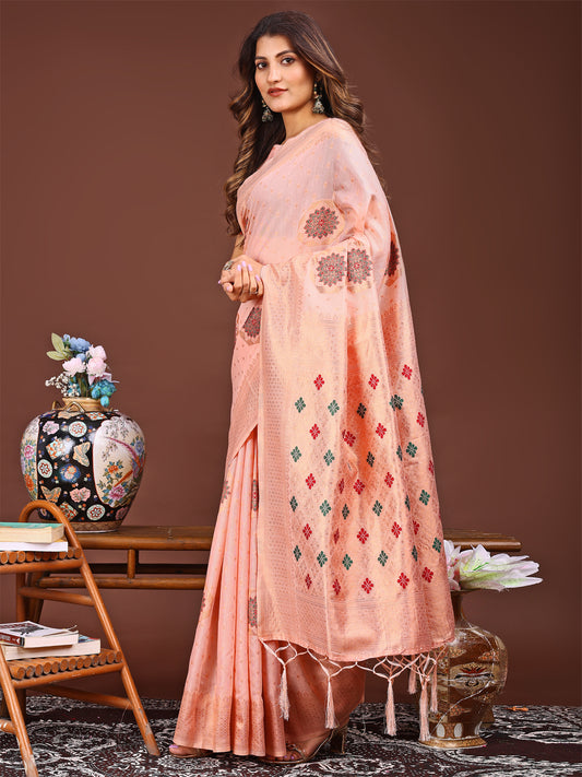 Astita Elegance Draped in Threads: Peach Linen Cotton Saree Woven with Serene Charm