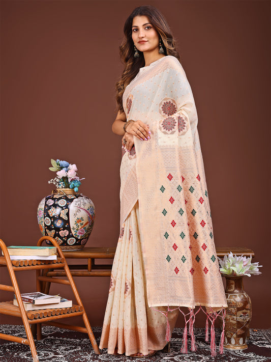 Astita Elegance Draped in Threads: White Linen Cotton Saree Woven with Serene Charm