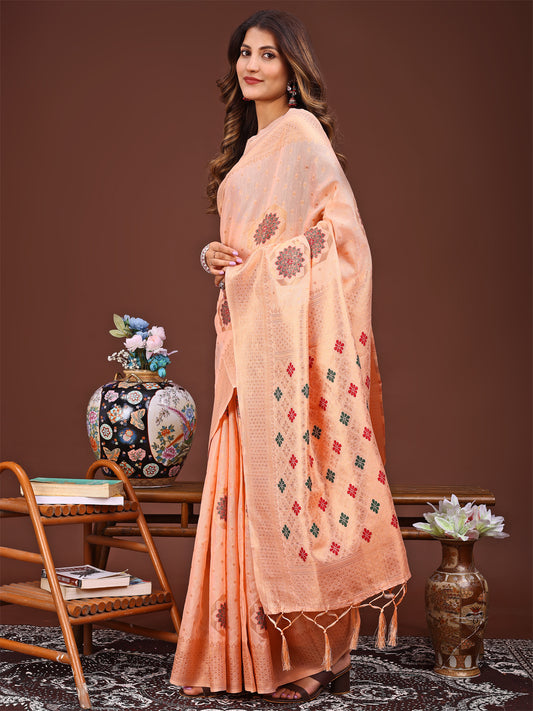 Astita Elegance Draped in Threads: Orange Linen Cotton Saree Woven with Serene Charm