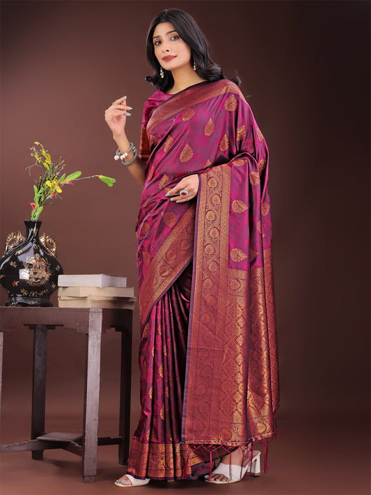 Astita Majestic Purple Banarasi Silk Saree with Golden Zari – Timeless Indian Ethnic Elegance for Weddings & Festive Occasions