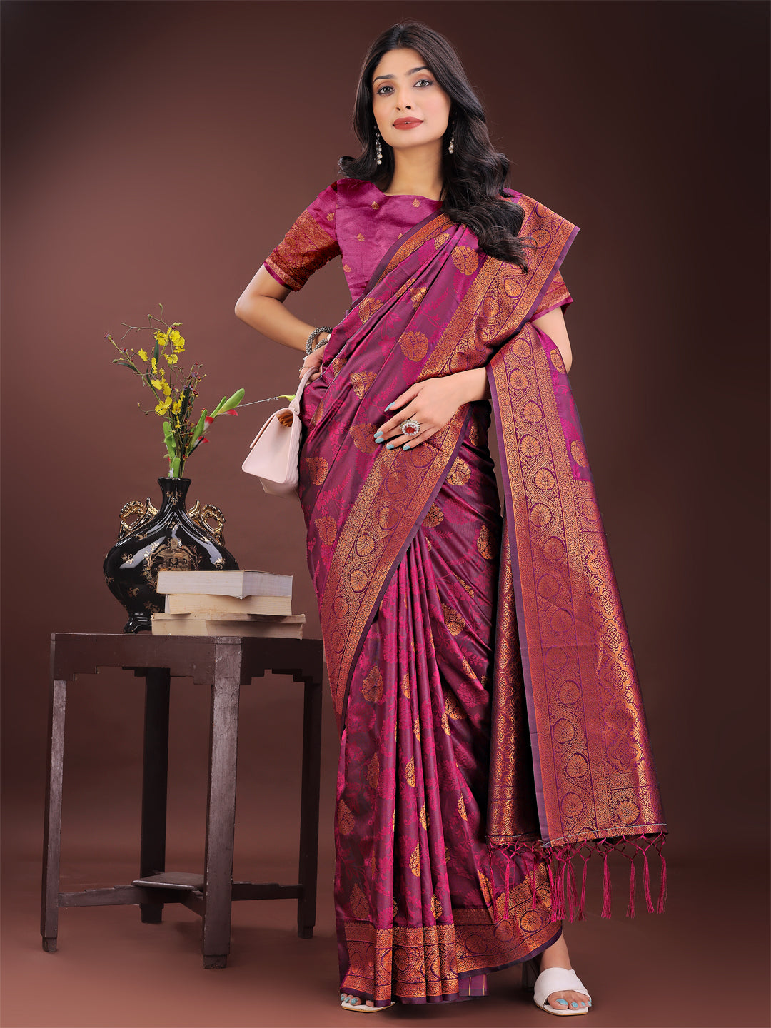 Astita Majestic Purple Banarasi Silk Saree with Golden Zari – Timeless Indian Ethnic Elegance for Weddings & Festive Occasions