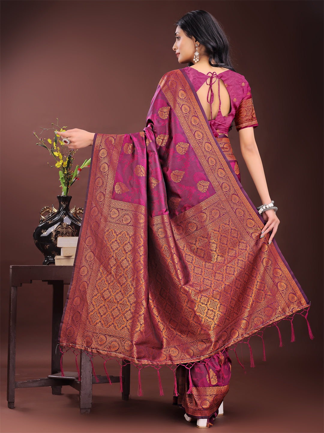 Astita Majestic Purple Banarasi Silk Saree with Golden Zari – Timeless Indian Ethnic Elegance for Weddings & Festive Occasions