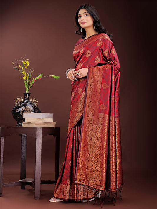 Astita Majestic Maroon Banarasi Silk Saree with Golden Zari – Timeless Indian Ethnic Elegance for Weddings & Festive Occasions