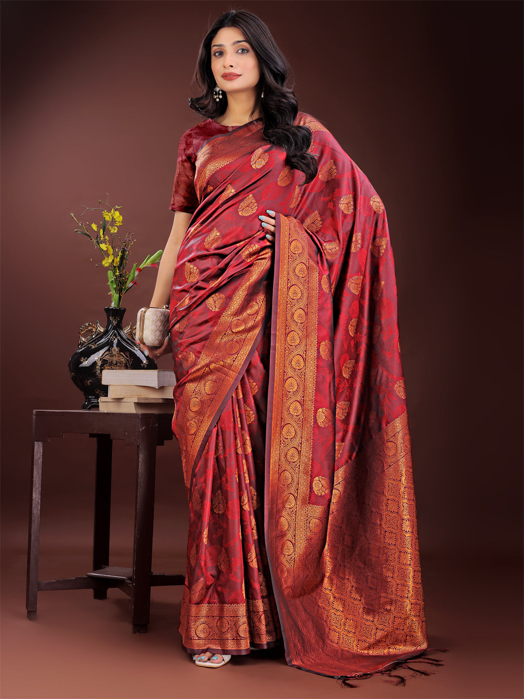 Astita Majestic Maroon Banarasi Silk Saree with Golden Zari – Timeless Indian Ethnic Elegance for Weddings & Festive Occasions