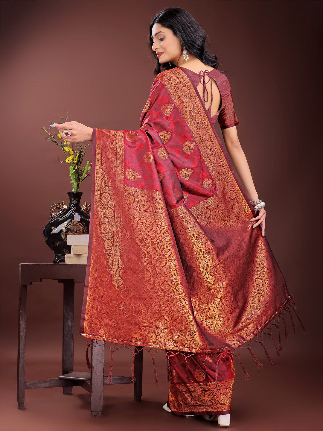 Astita Majestic Maroon Banarasi Silk Saree with Golden Zari – Timeless Indian Ethnic Elegance for Weddings & Festive Occasions