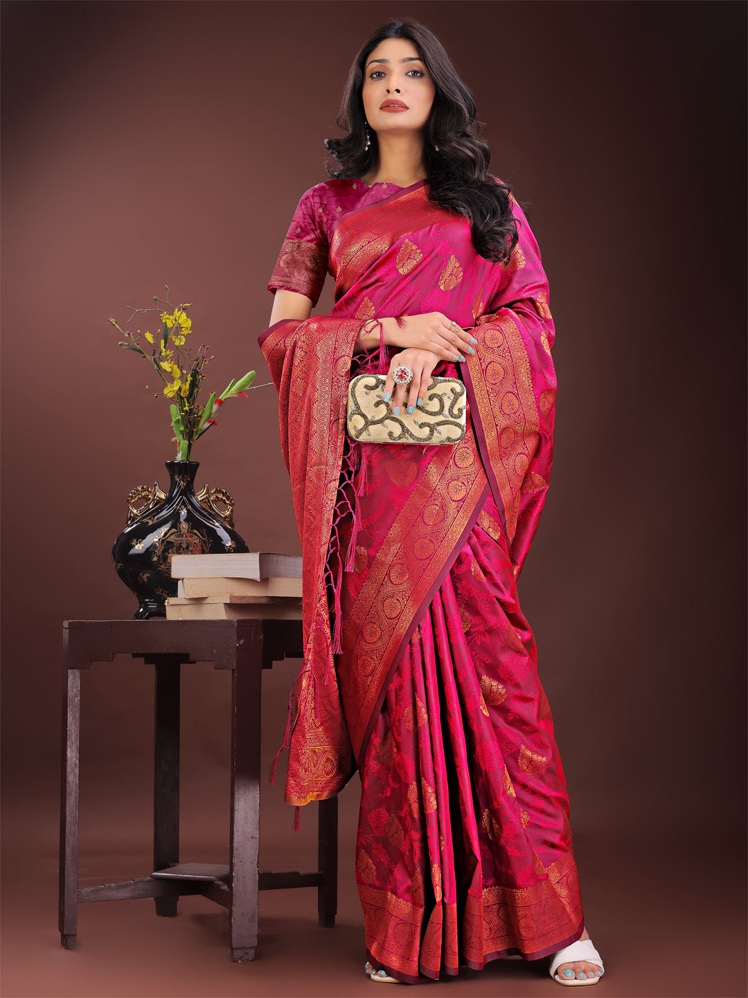 Astita Majestic Magenta Banarasi Silk Saree with Golden Zari – Timeless Indian Ethnic Elegance for Weddings & Festive Occasions