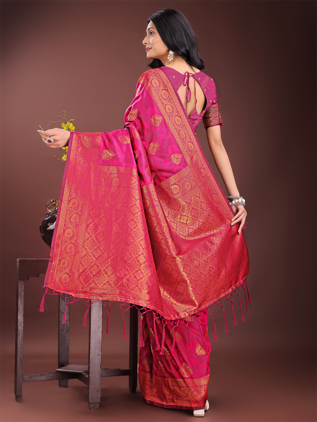 Astita Majestic Magenta Banarasi Silk Saree with Golden Zari – Timeless Indian Ethnic Elegance for Weddings & Festive Occasions