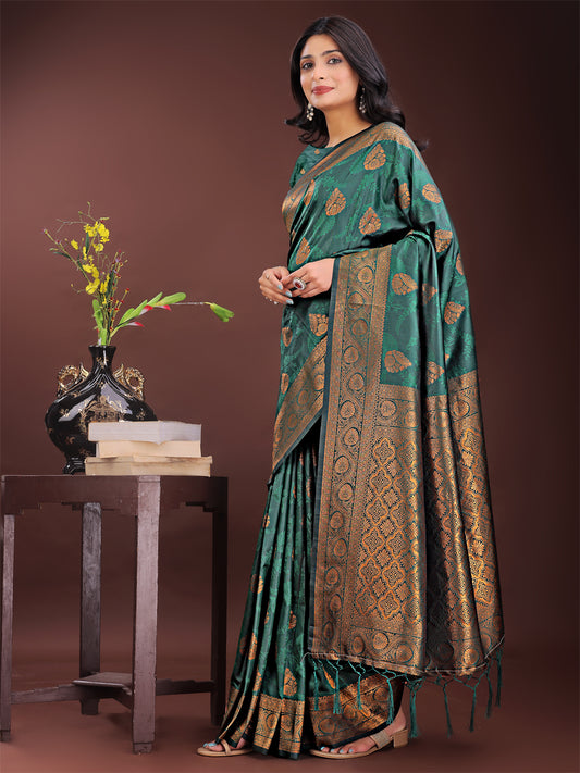 Astita Majestic Dark Green Banarasi Silk Saree with Golden Zari – Timeless Indian Ethnic Elegance for Weddings & Festive Occasions