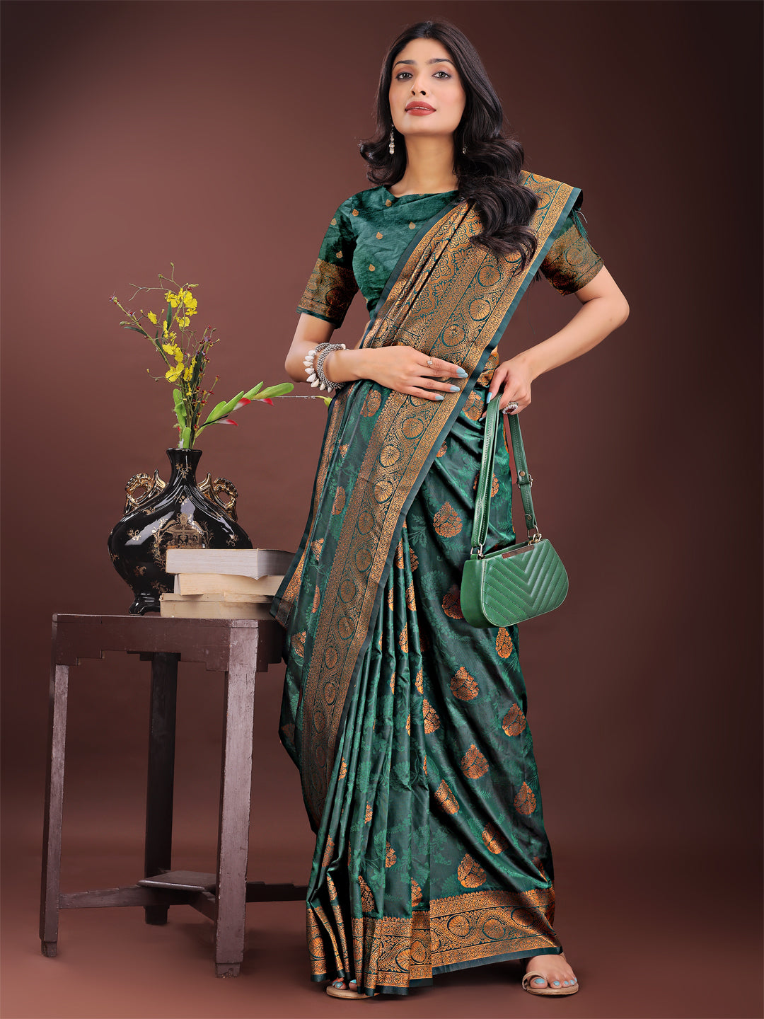 Astita Majestic Dark Green Banarasi Silk Saree with Golden Zari – Timeless Indian Ethnic Elegance for Weddings & Festive Occasions