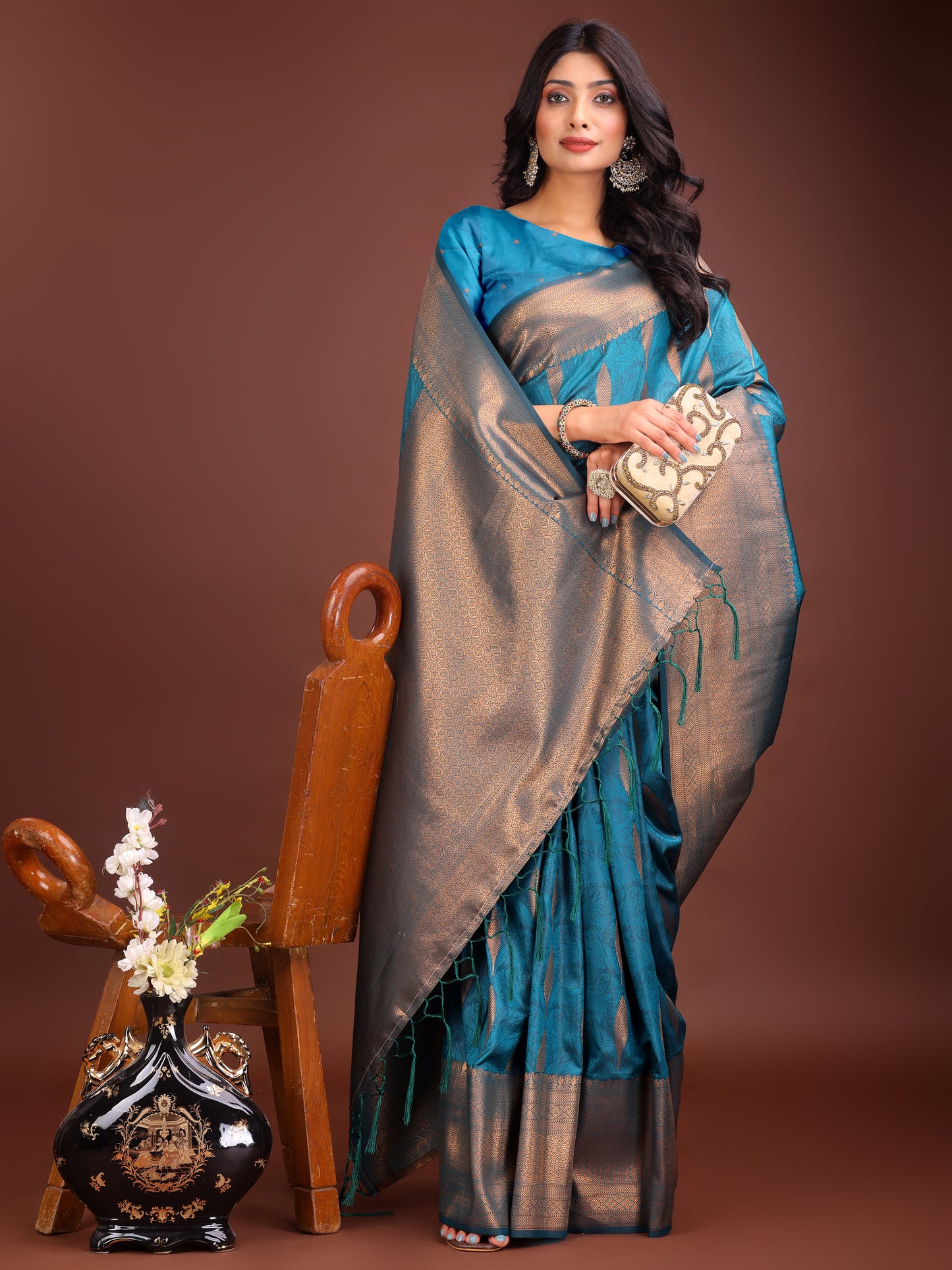 Astita Teal Blue Linen Cotton Saree with Golden Zari Leaf Woven Design & Rich Pallu β Festive Wear | Office Look | Soft Drape