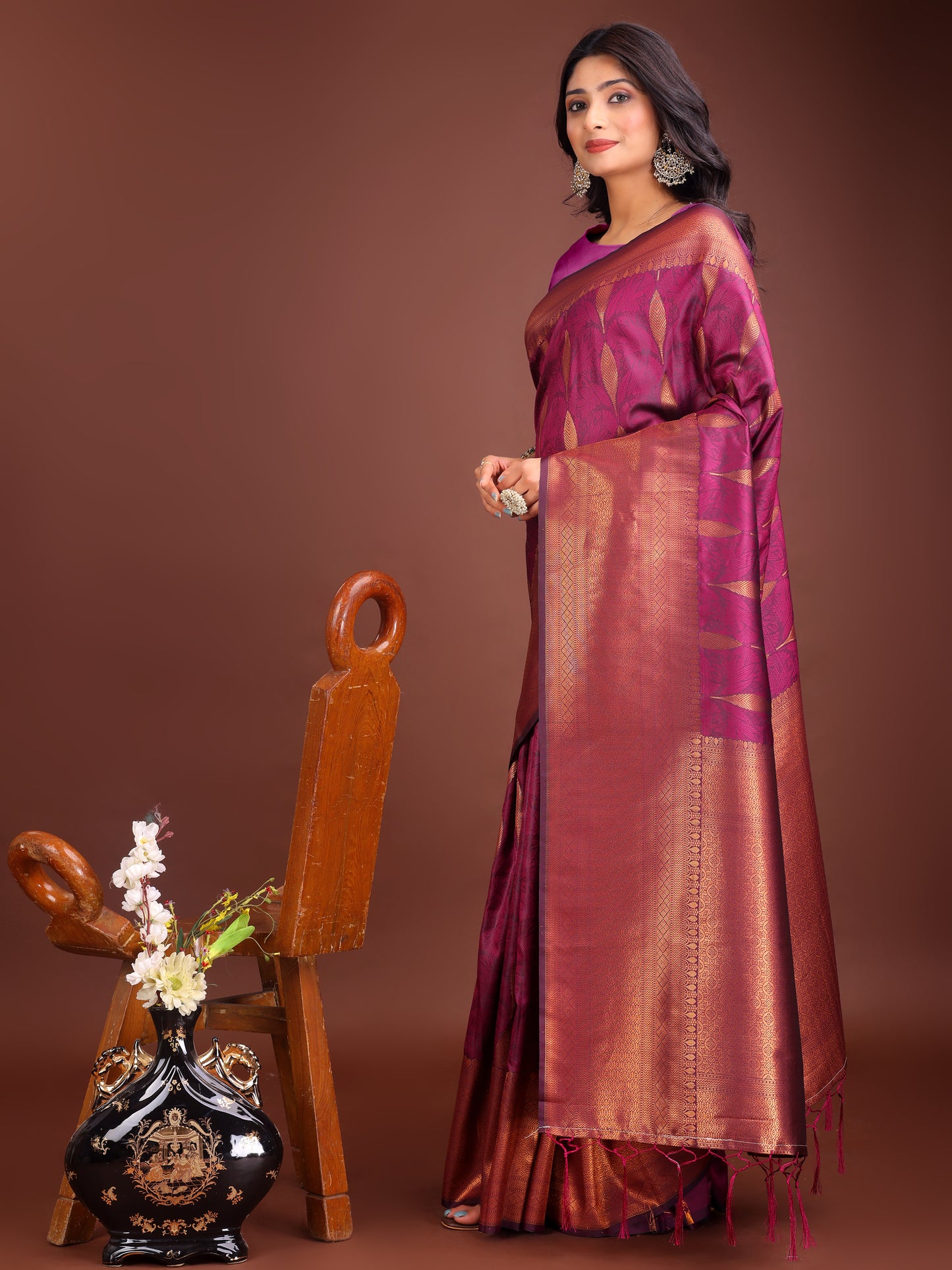 Astita Purple Linen Cotton Saree with Golden Zari Leaf Woven Design & Rich Pallu β Festive Wear | Office Look | Soft Drape