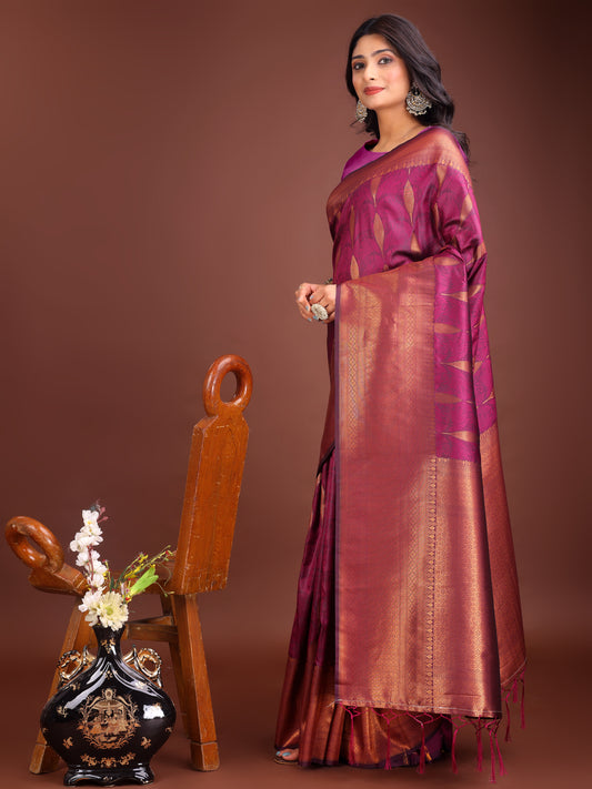 Astita Purple Linen Cotton Saree with Golden Zari Leaf Woven Design & Rich Pallu – Festive Wear | Office Look | Soft Drape