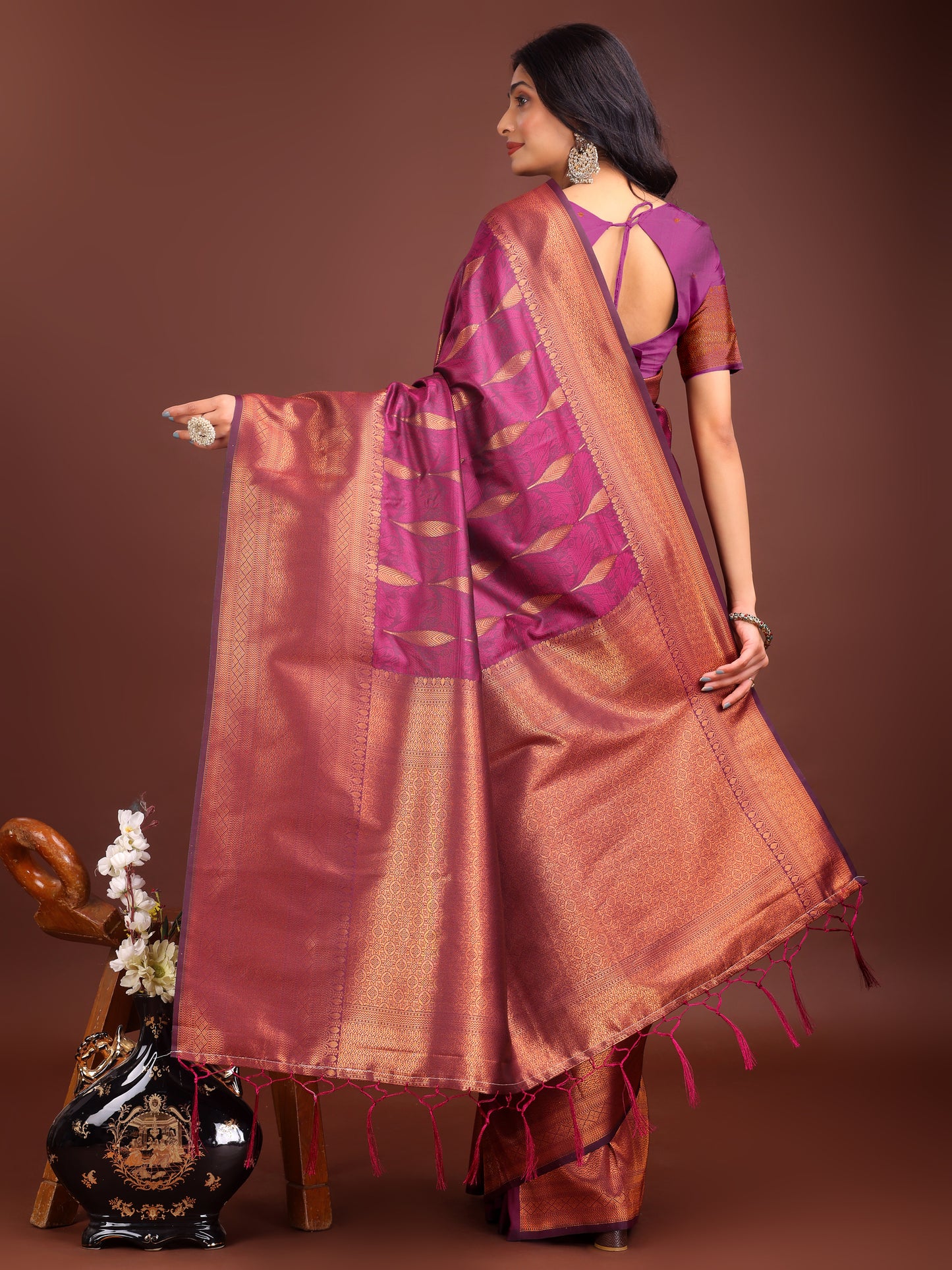 Astita Purple Linen Cotton Saree with Golden Zari Leaf Woven Design & Rich Pallu β Festive Wear | Office Look | Soft Drape