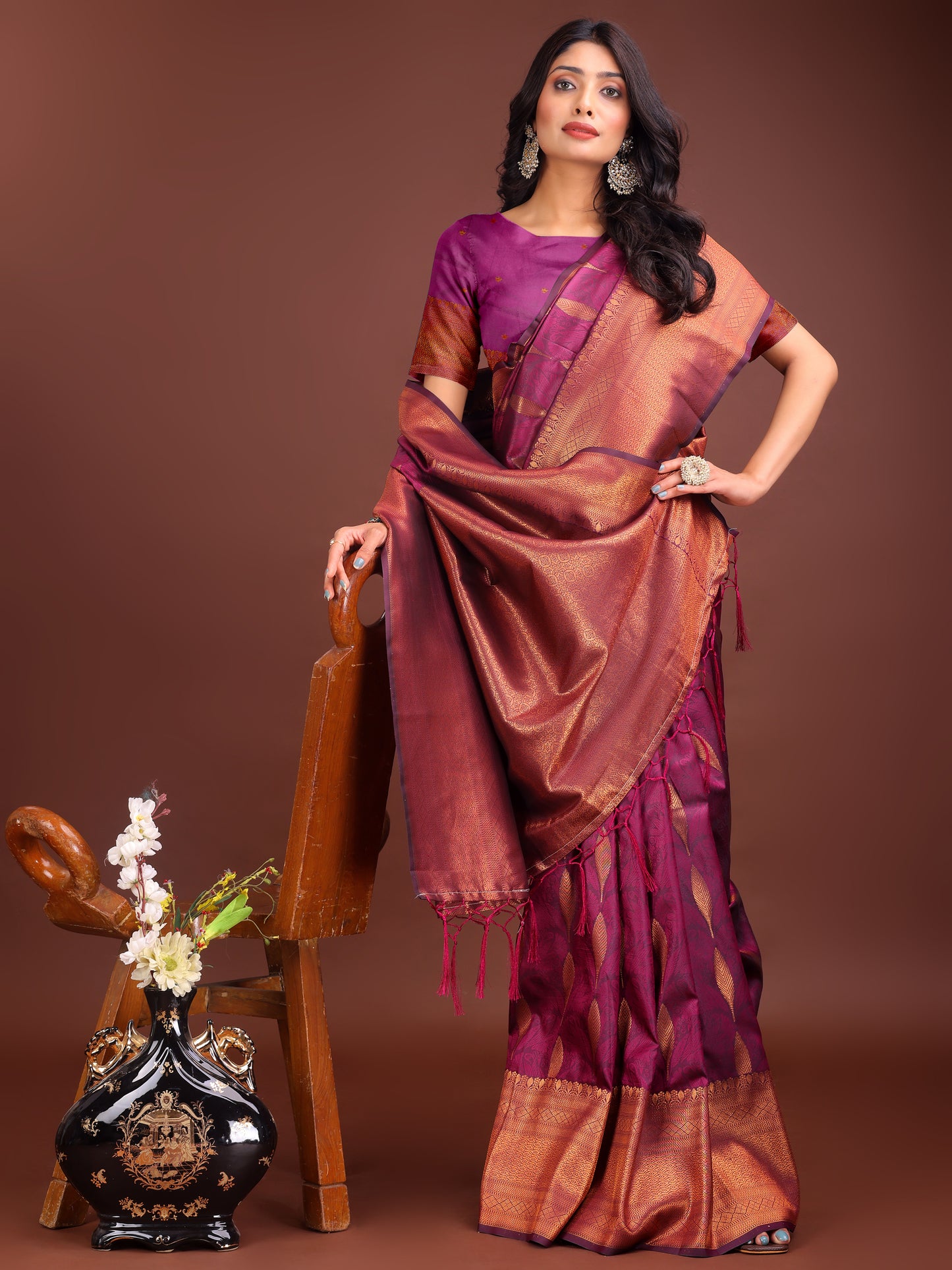 Astita Purple Linen Cotton Saree with Golden Zari Leaf Woven Design & Rich Pallu β Festive Wear | Office Look | Soft Drape