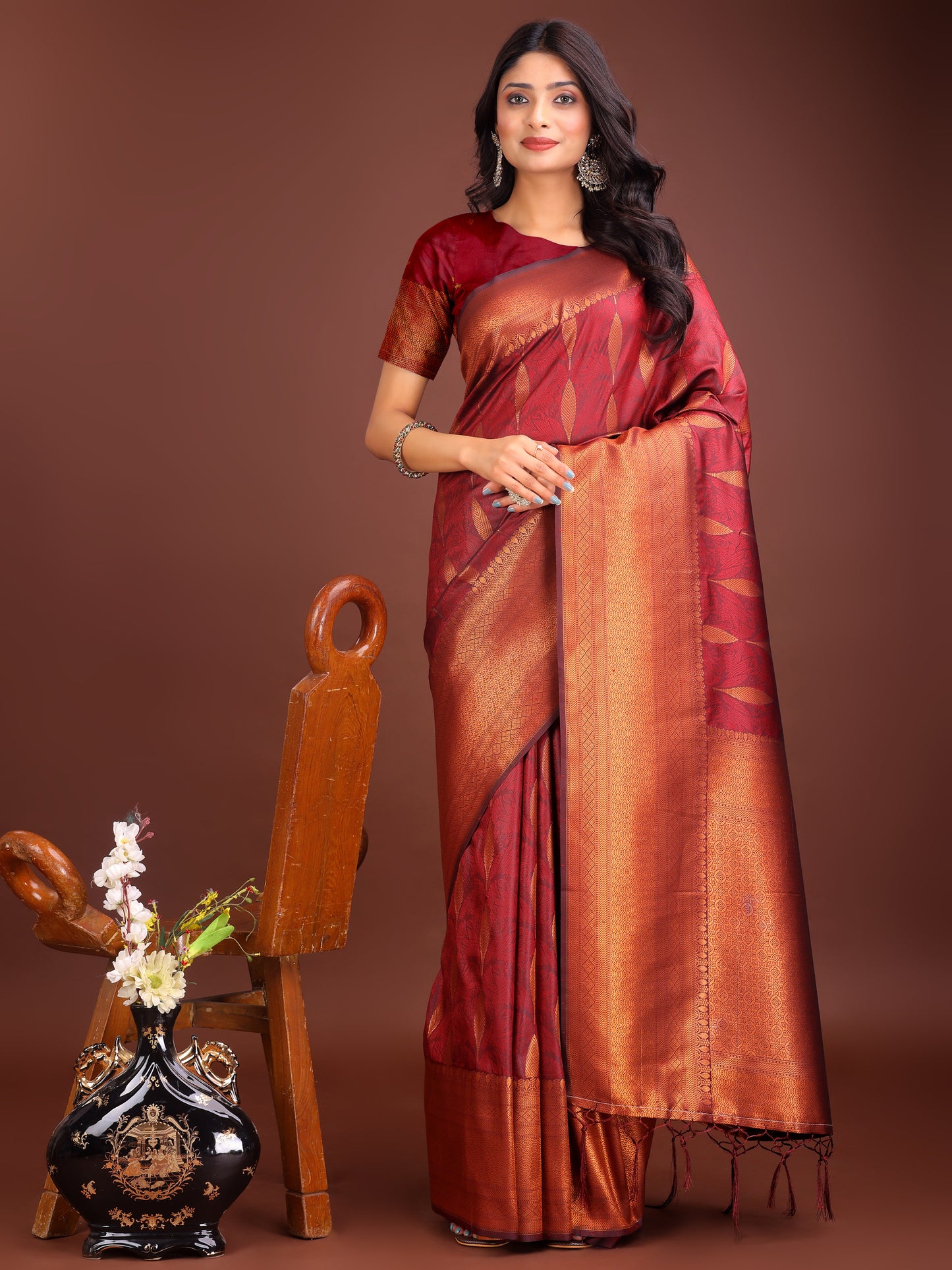 Astita Maroon Linen Cotton Saree with Golden Zari Leaf Woven Design & Rich Pallu β Festive Wear | Office Look | Soft Drape