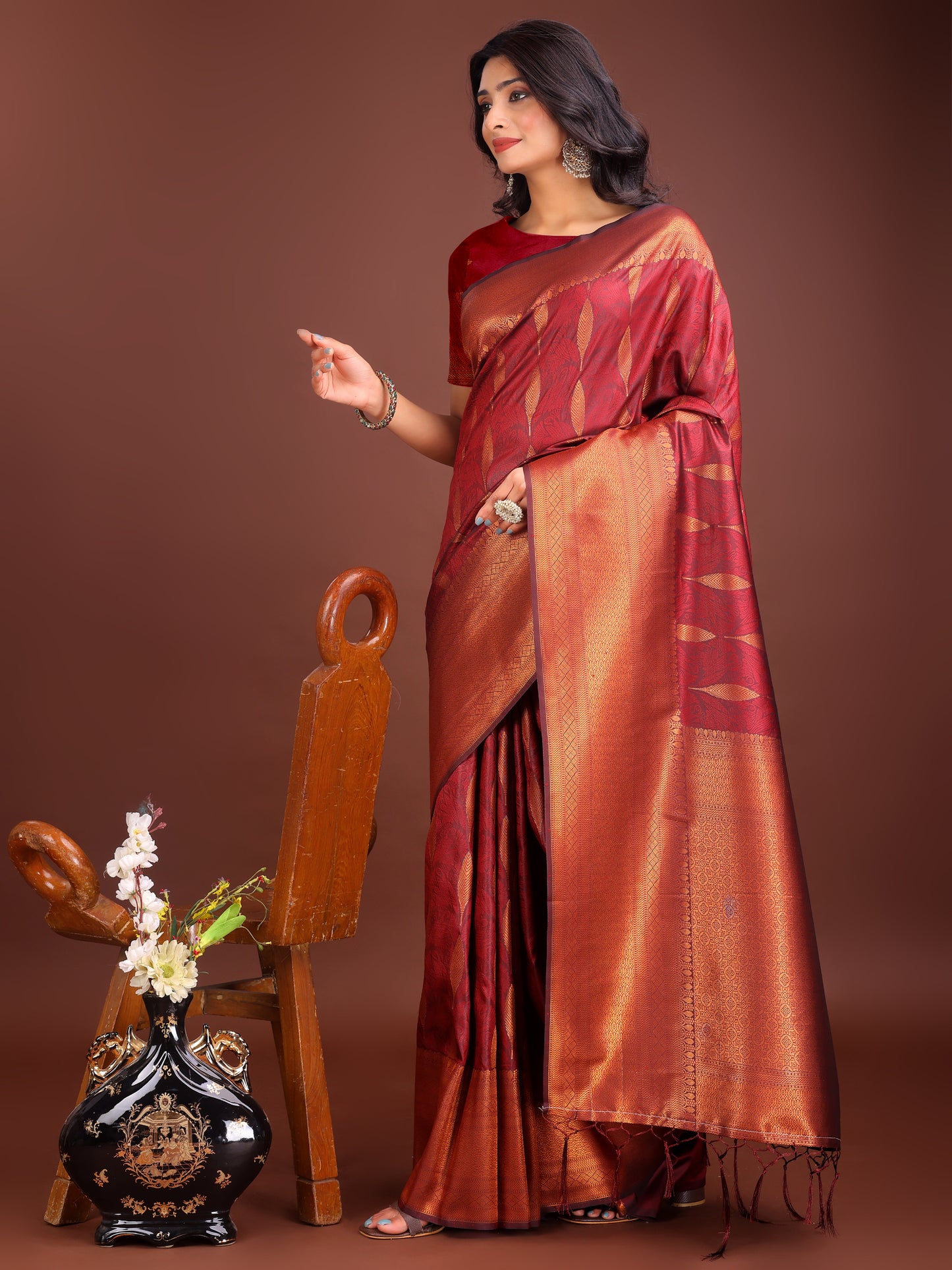 Astita Maroon Linen Cotton Saree with Golden Zari Leaf Woven Design & Rich Pallu β Festive Wear | Office Look | Soft Drape