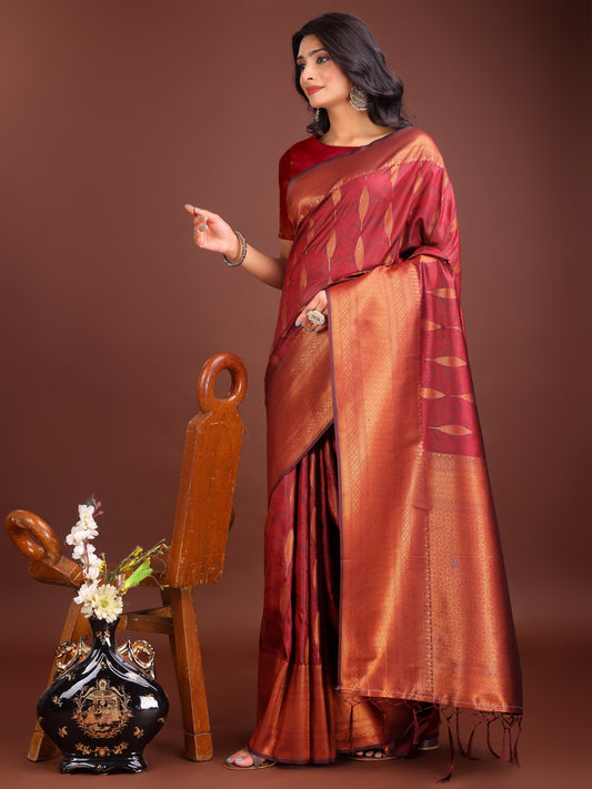 Astita Maroon Linen Cotton Saree with Golden Zari Leaf Woven Design & Rich Pallu – Festive Wear | Office Look | Soft Drape