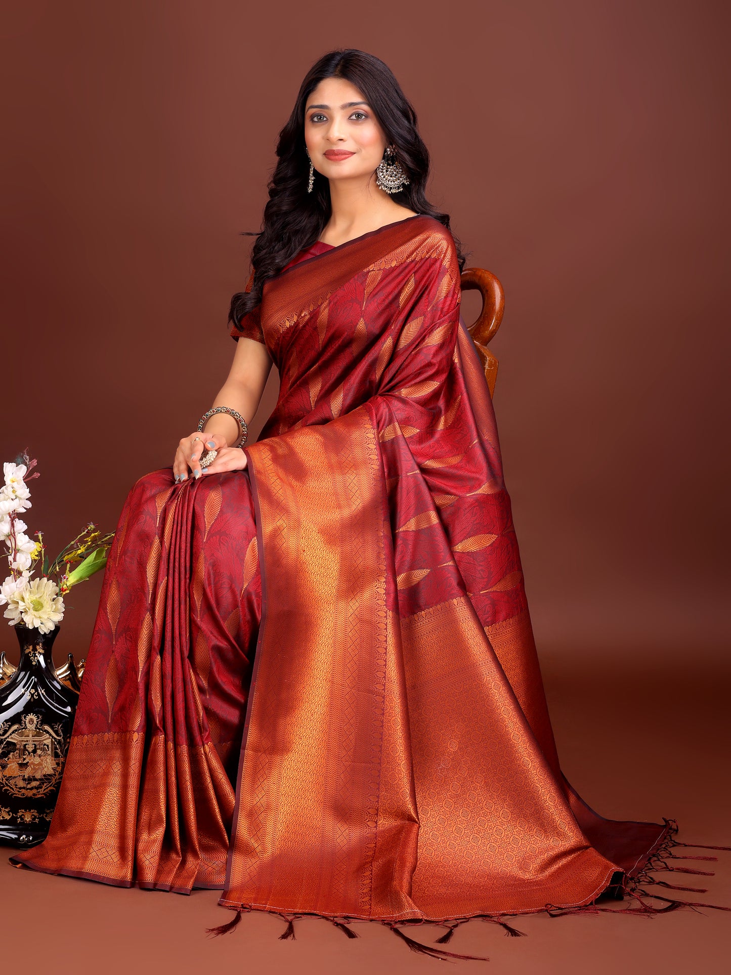 Astita Maroon Linen Cotton Saree with Golden Zari Leaf Woven Design & Rich Pallu β Festive Wear | Office Look | Soft Drape