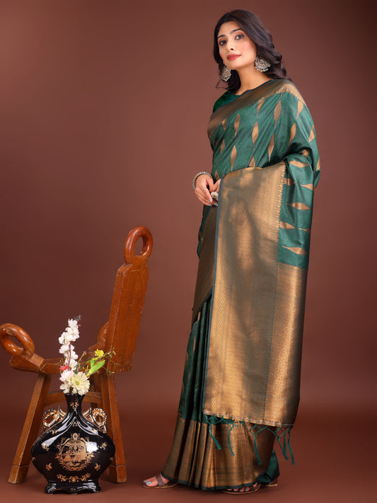 Astita Green Linen Cotton Saree with Golden Zari Leaf Woven Design & Rich Pallu – Festive Wear | Office Look | Soft Drape