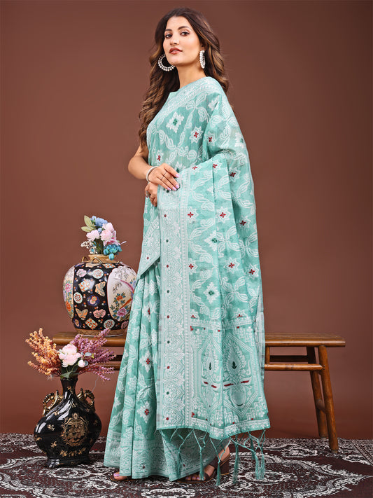 Astita Sea Green Bliss Linen Cotton Saree – Timeless Beauty in woven work Threads