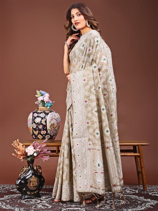 Astita Brown Bliss Linen Cotton Saree – Timeless Beauty in woven work Threads