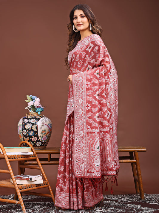 Astita Peach Bliss Linen Cotton Saree – Timeless Beauty in woven work Threads