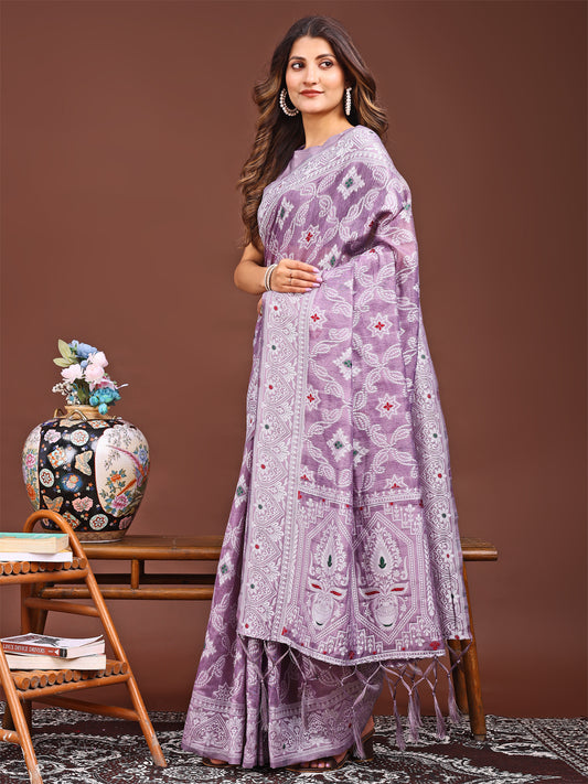 Astita Purple Bliss Linen Cotton Saree – Timeless Beauty in woven work Threads