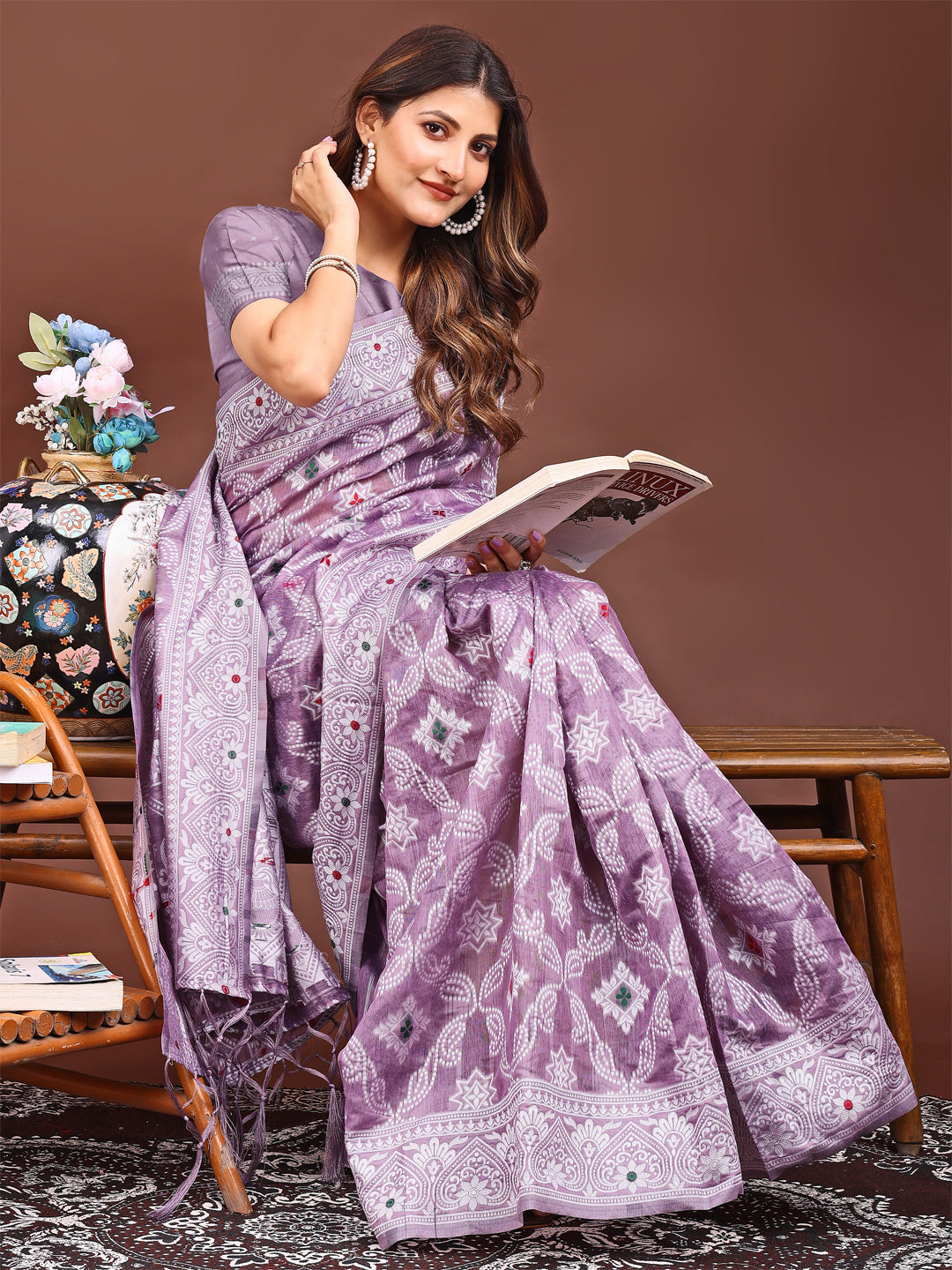 Astita Purple Bliss Linen Cotton Saree – Timeless Beauty in woven work Threads