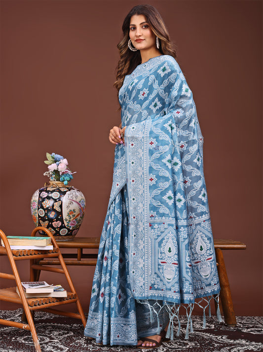 Astita Sky Blue Bliss Linen Cotton Saree – Timeless Beauty in woven work Threads
